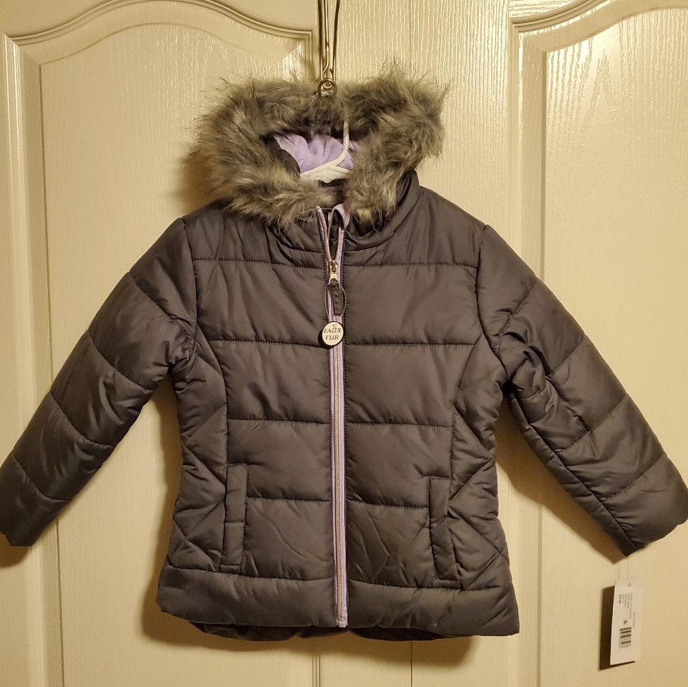 NWT R 1881 Quilted Puffer Coat, size 6x, Charcoal exterior light purple interior